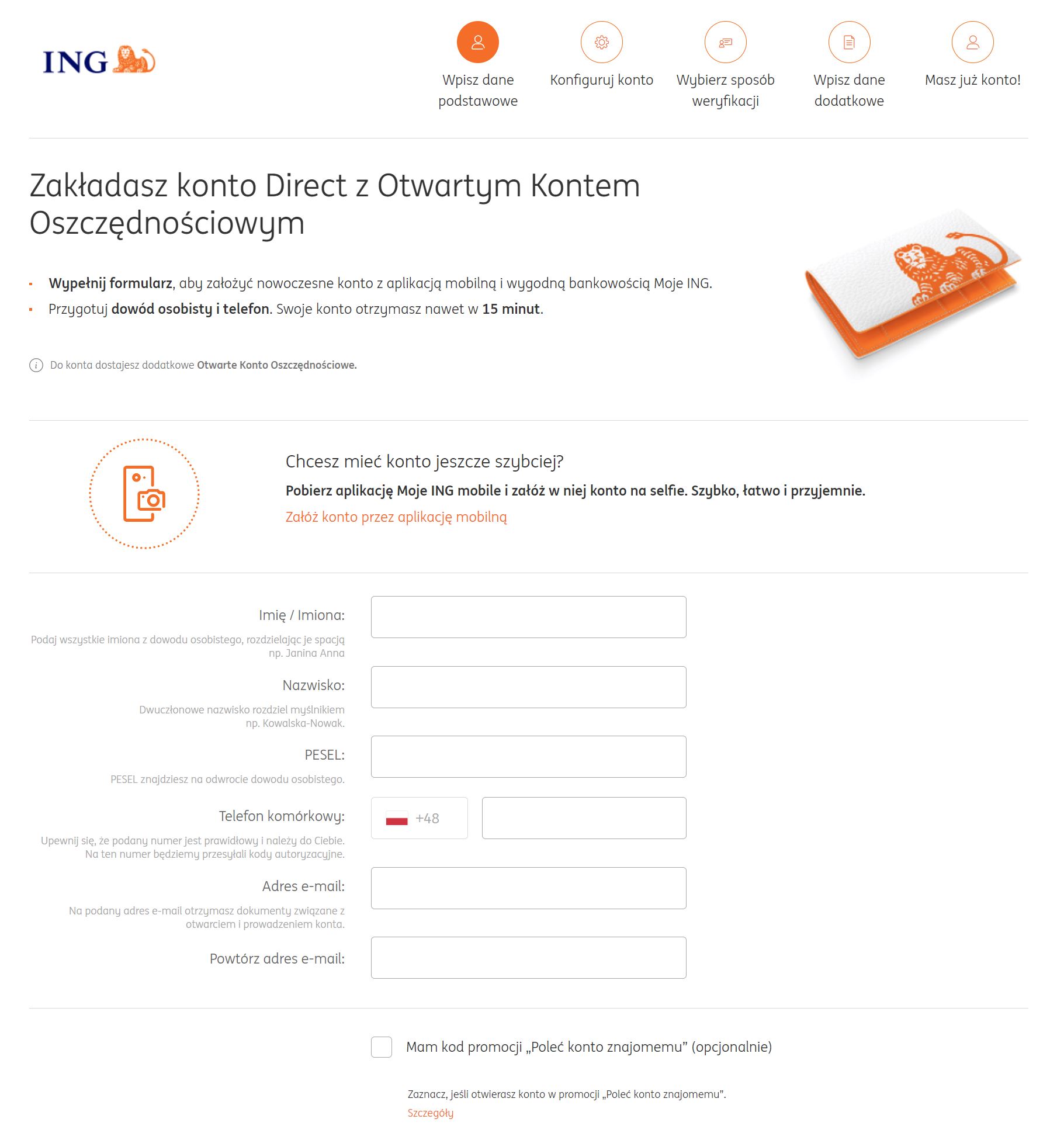 formularz zakładania konta w ING Bank Śląski - dane podstawowe