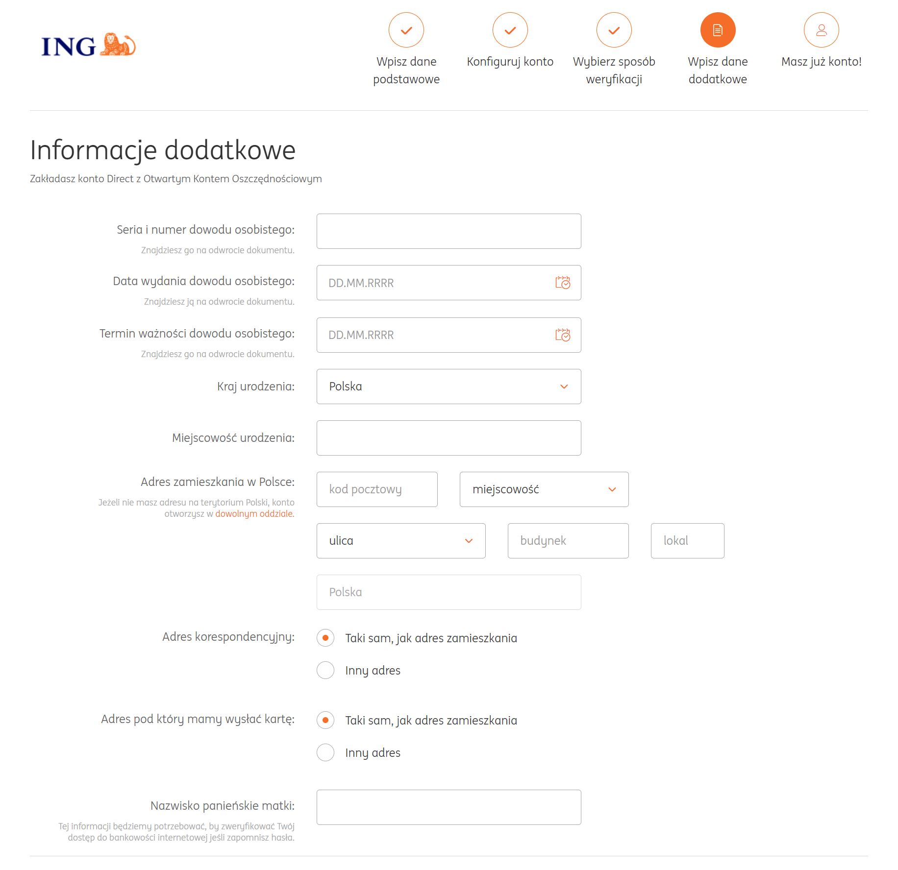 obrazek przedstawia formulaz banku ING: uzupełnij dodatkowe informacje