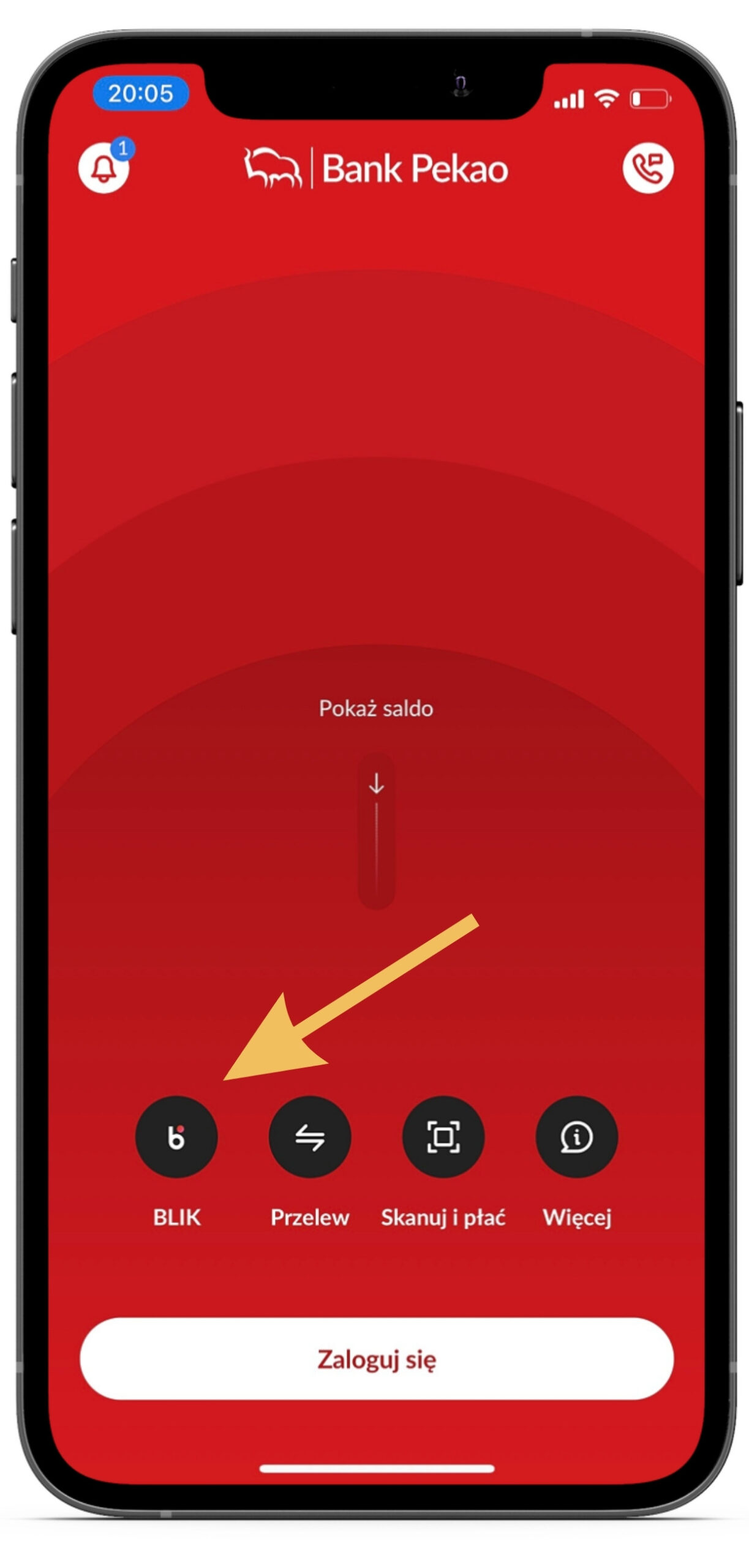 zrzut ekranu z aplikacji PeoPay, prezentujący możliwość wygenerowania kodu BLIK bez konieczności logowania się do aplikacji mobilnej