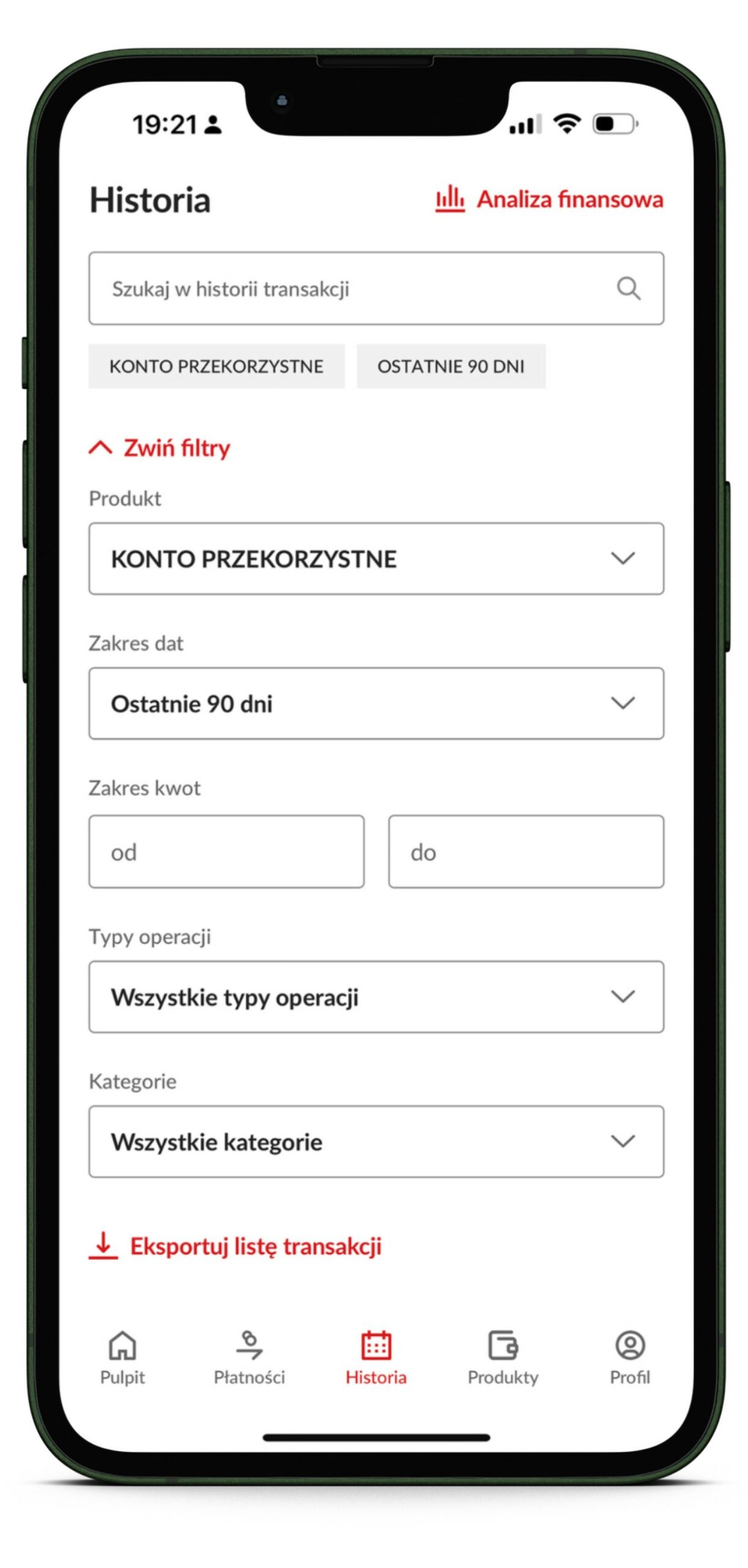 zrzut ekranu z aplikacji mobilnej PeoPay, przedstawiający proces generowania wyciągu bankowego. Na ekranie widoczne są pola do wyboru zakresu dat, zakresu kwot oraz przycisk eksportu listy transakcji