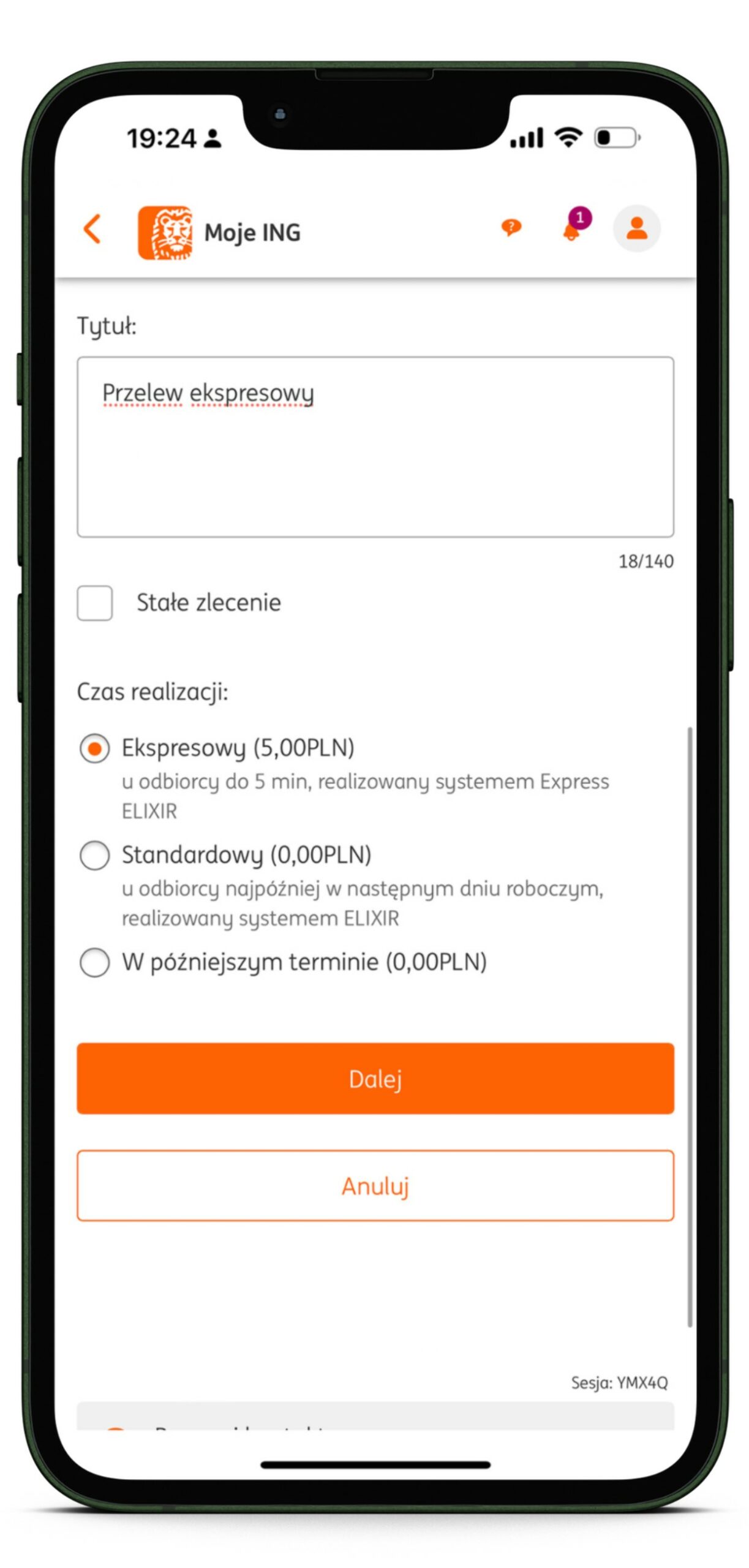 Zrzut ekranu z aplikacji Moje ING pokazujący proces dokonywania przelewu natychmiastowego w aplikacji mobilnej Banku