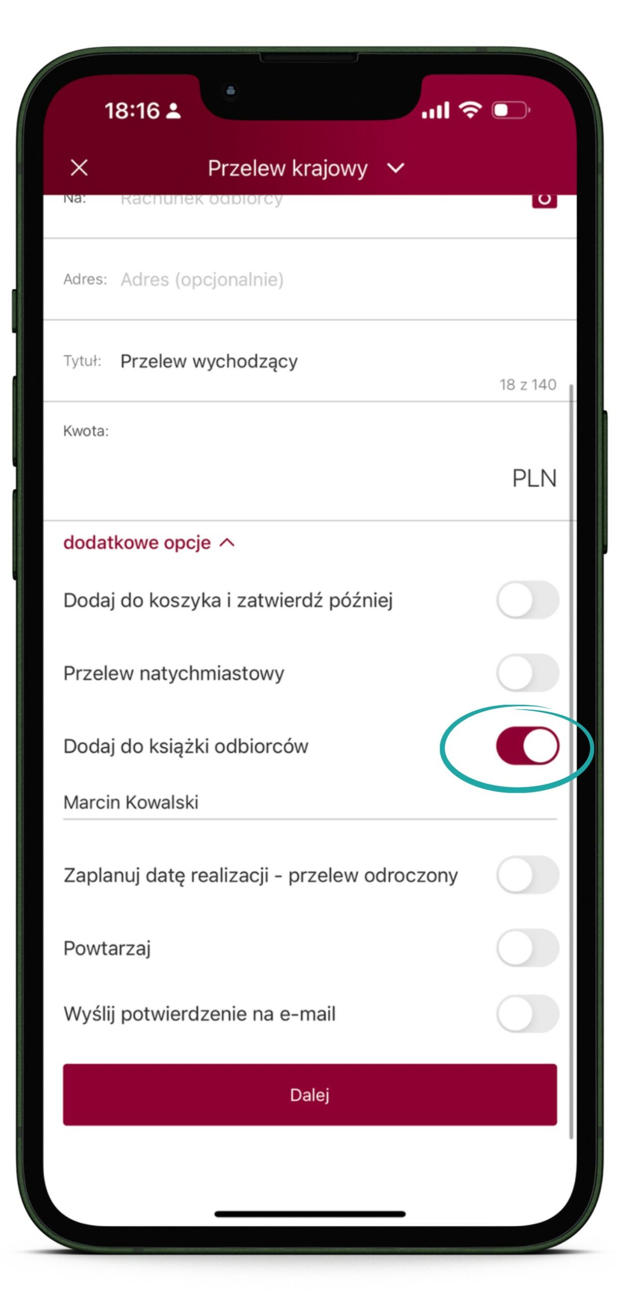 screen z aplikacji Alior Mobile, który przedstawia innowacyjne rozwiązanie pozwalające na dodanie odbiorcy do książki adresatów na etapie realizacji przelewu