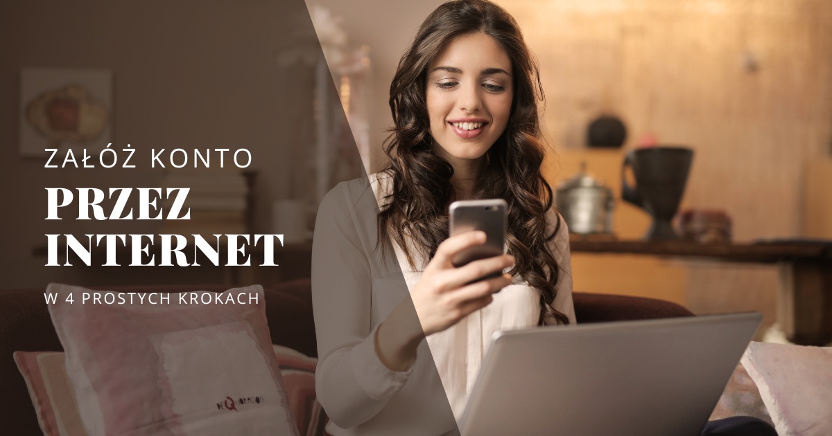 kobieta otwierająca konto bankowe online na swoim laptopie, trzymając w dłoni smartfona