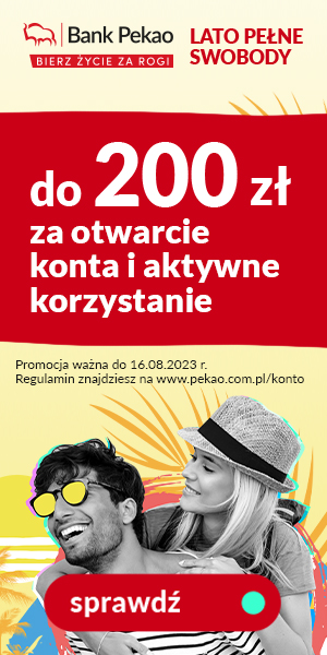 baner prezentujący aktualną promocję Banku Pekao z możliwym zyskiem do 200 zł