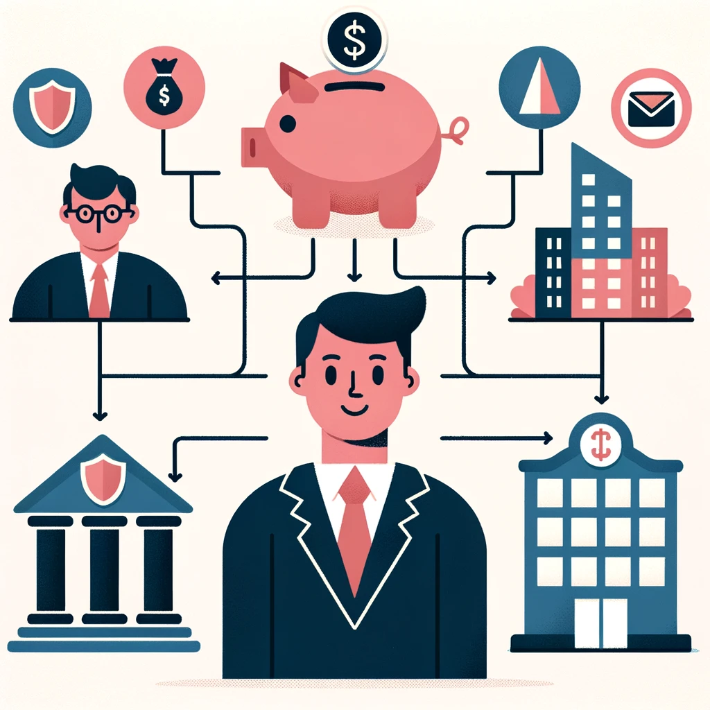 ilustracja przedstawiająca maklera otoczonego z różnymi symbolami takimi jak: bank czy fundusze iemerytalne 