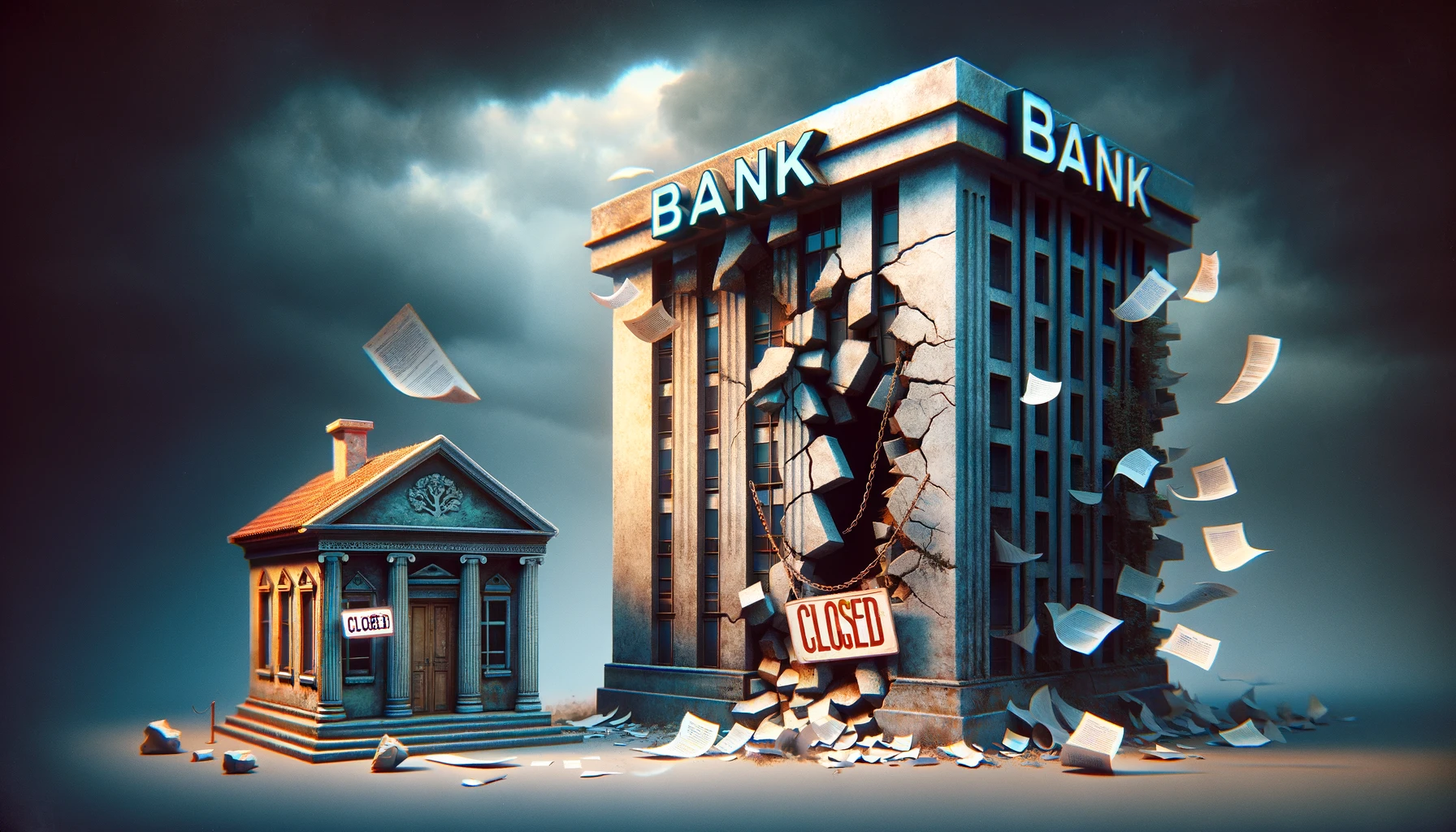 obrazek przedstawia wizualizację instytucji finansowych, które znalazły się w trudnej sytuacji