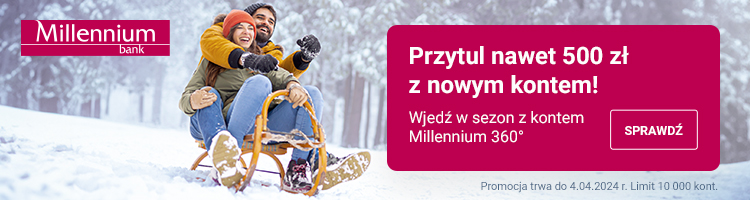 baner prezentujący zimową ofertę Millennium Banku z możliwością zyskania 500 zł w promocji - wersja na urządzeniea stacjonarne
