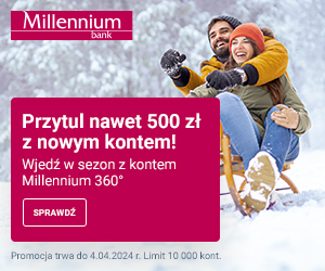 baner prezentujący zimową ofertę Millennium Banku z możliwością zyskania 500 zł w promocji - wersja mobilna