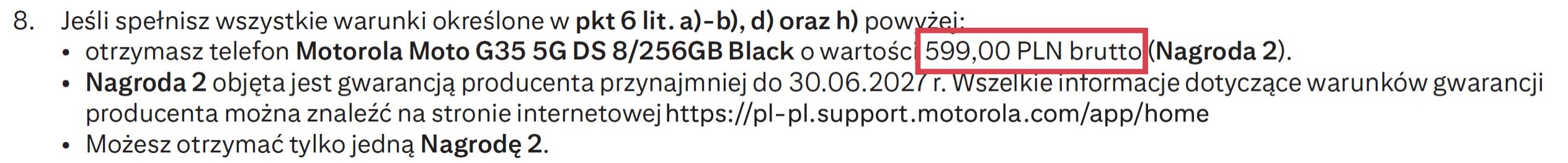 Fragment regulaminu Citibanku określający wartość telefonu