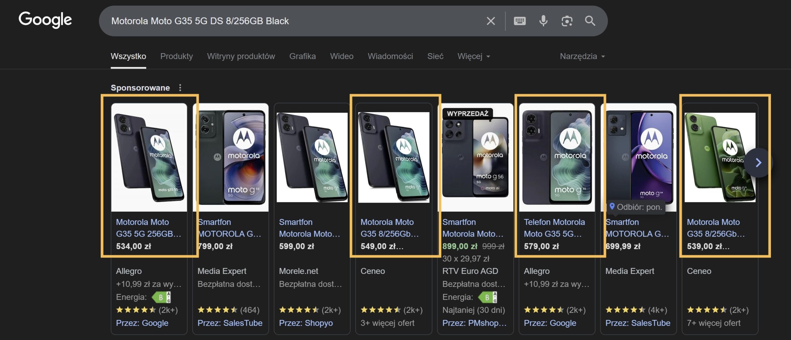 Wyniki wyszukiwania Google pokazujące cenę Motorola Moto G35