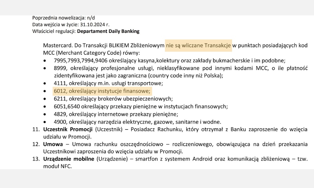 Lista wykluczonych kodów MCC w regulaminie promocji