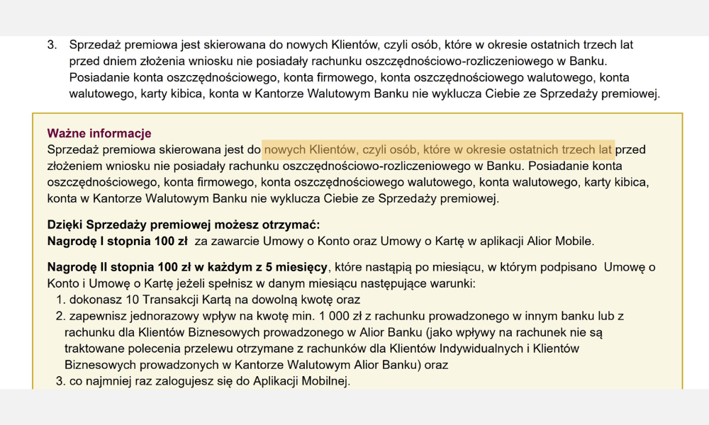 Przykład zapisu o okresie karencji w regulaminie promocji bankowej